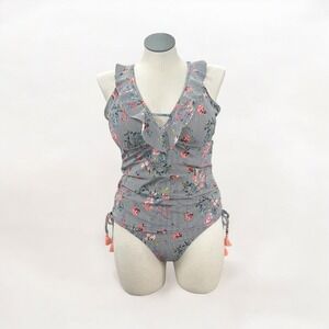 Gibson Latimer Navy Striped Floral One-Piece Bikini with Pink Tassels